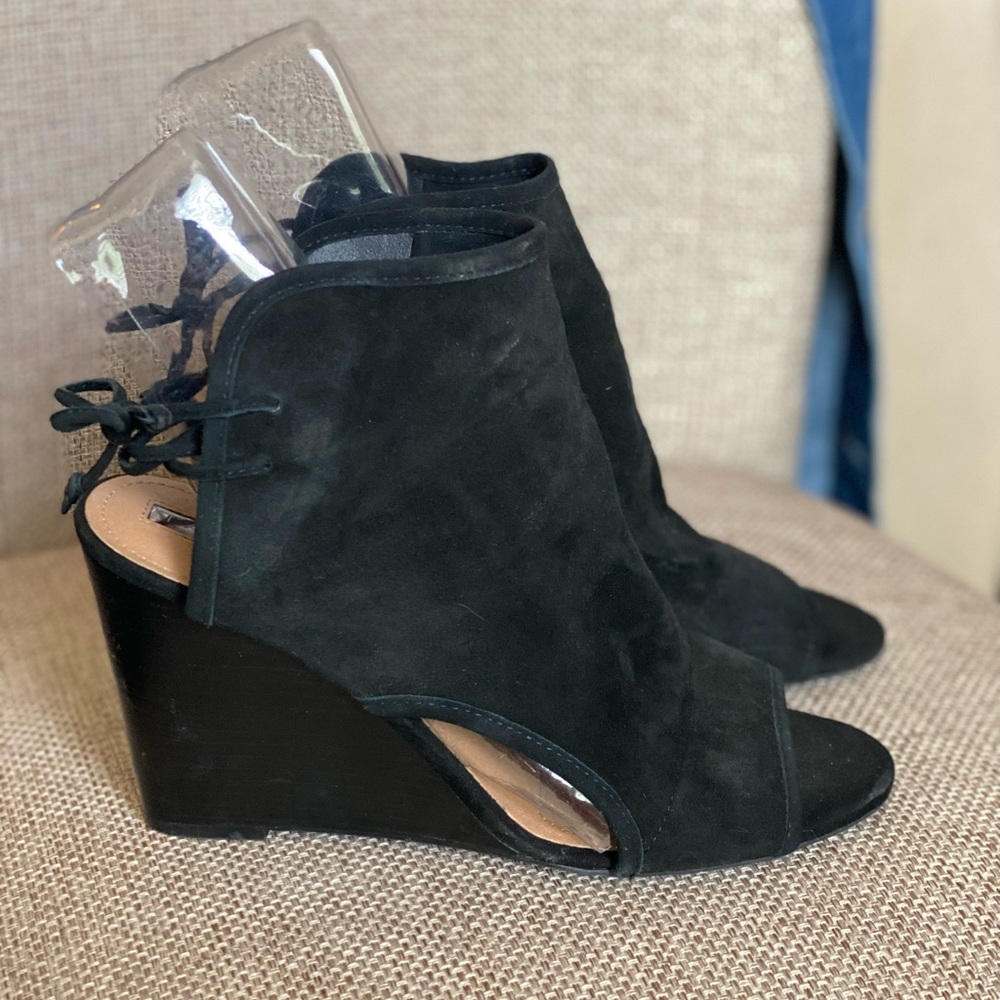 Tahari Black Suede Open Toe Wedge Bootie
